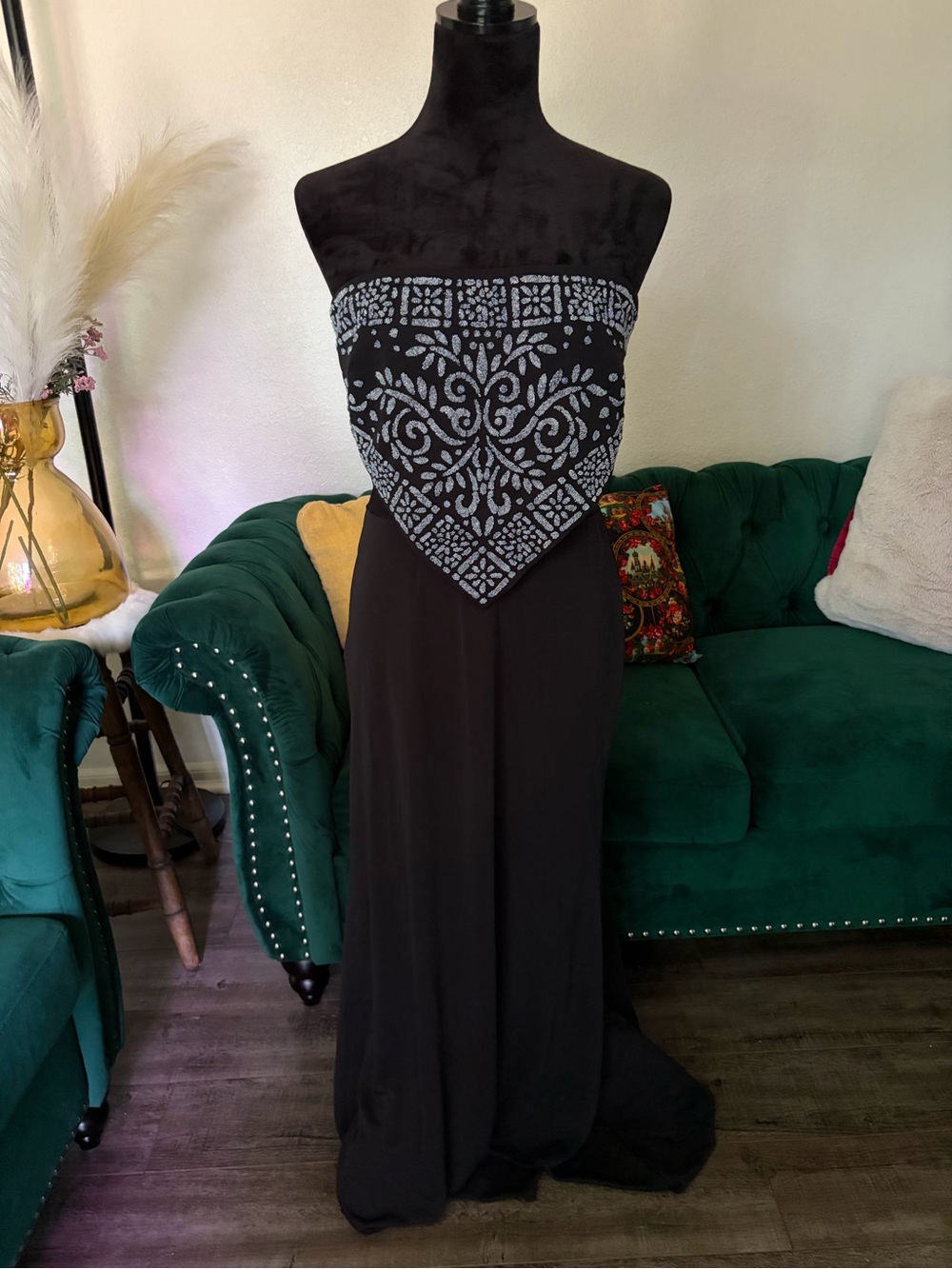 Strapless Black Maxi Dress with Embroidered Bandana Bodice